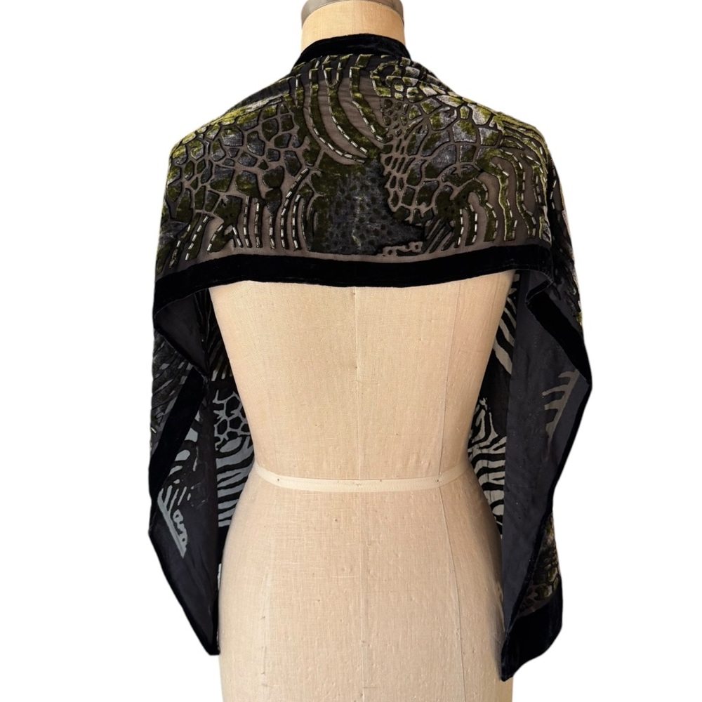 Vintage 90s Black Green Beaded Velvet Burnout Silk Shawl Scarf - Picture 5 of 8